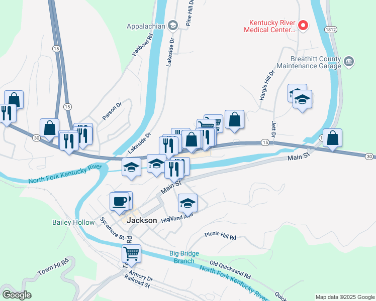 map of restaurants, bars, coffee shops, grocery stores, and more near Highway 15 in Jackson