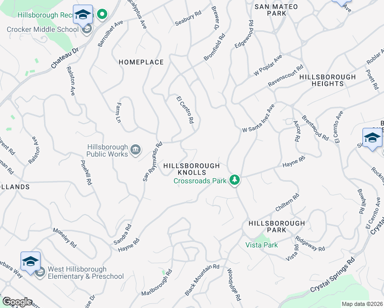 map of restaurants, bars, coffee shops, grocery stores, and more near 1205 La Cumbre Road in Hillsborough
