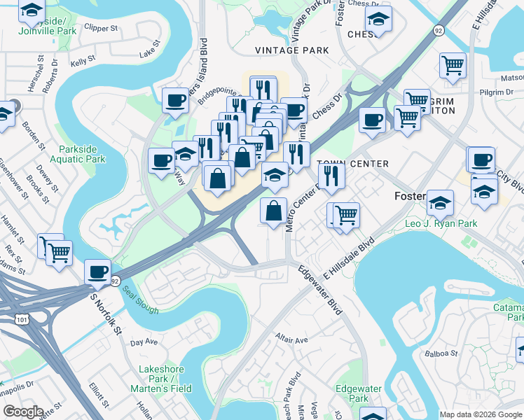 map of restaurants, bars, coffee shops, grocery stores, and more near 1830 Gateway Drive in San Mateo