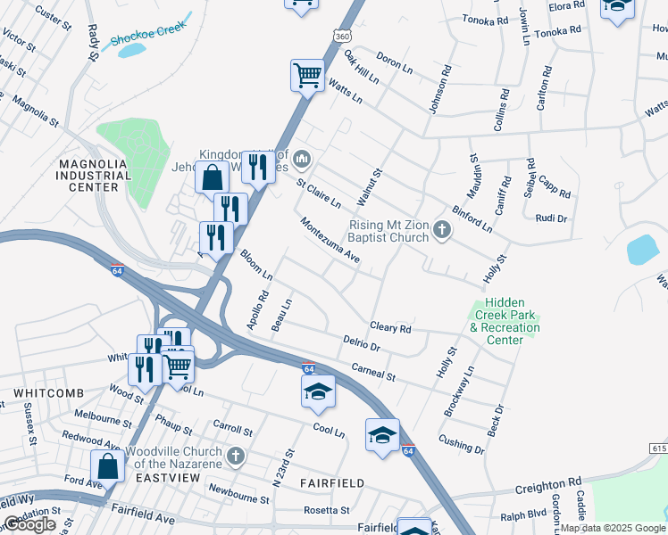 map of restaurants, bars, coffee shops, grocery stores, and more near 1901 Hechler Street in Richmond