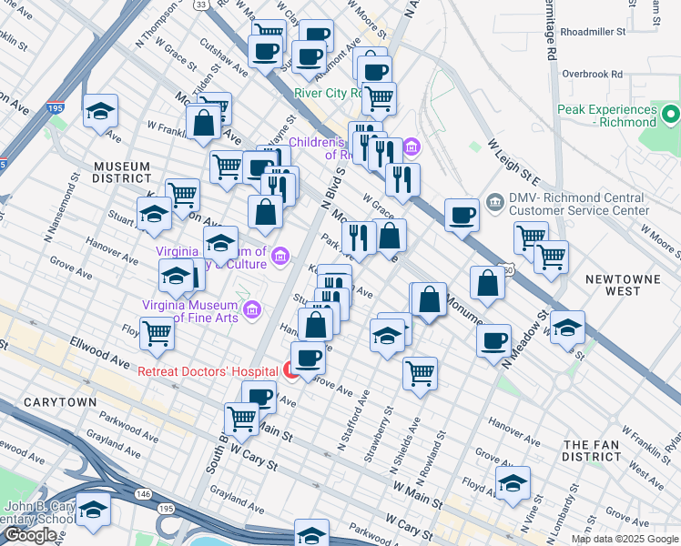 map of restaurants, bars, coffee shops, grocery stores, and more near 2608 Kensington Avenue in Richmond
