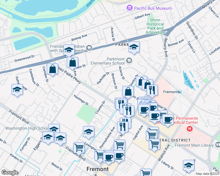 map of restaurants, bars, coffee shops, grocery stores, and more near 2813 Calvin Court in Fremont