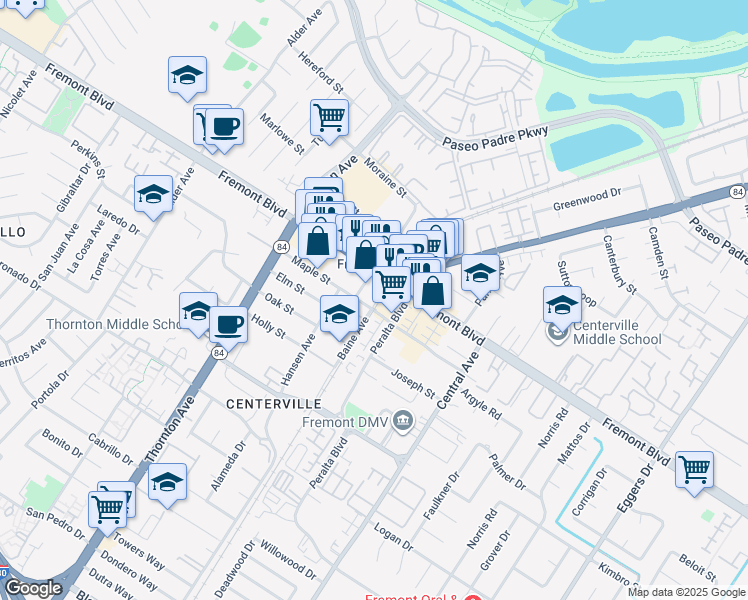 map of restaurants, bars, coffee shops, grocery stores, and more near in Fremont
