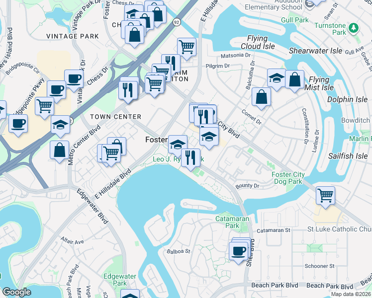 map of restaurants, bars, coffee shops, grocery stores, and more near 738 Eppleton Lane in Foster City