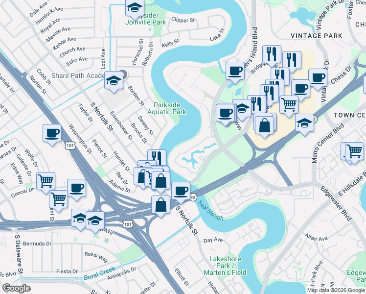 map of restaurants, bars, coffee shops, grocery stores, and more near 1012 Shoreline Drive in San Mateo