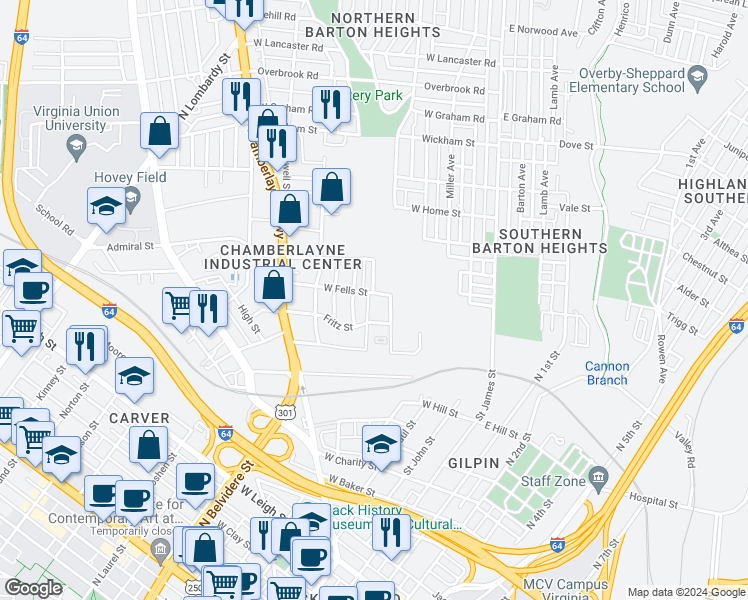map of restaurants, bars, coffee shops, grocery stores, and more near 1706 Hickory Street in Richmond