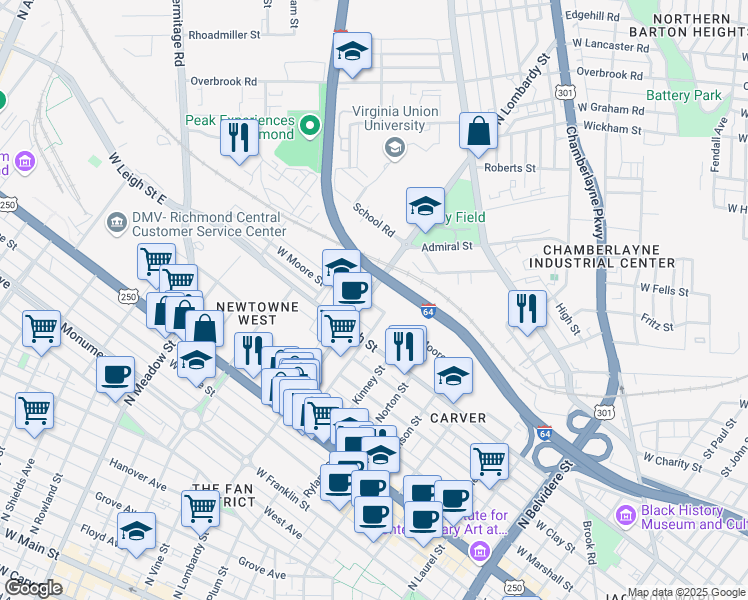 map of restaurants, bars, coffee shops, grocery stores, and more near 1500 West Moore Street in Richmond