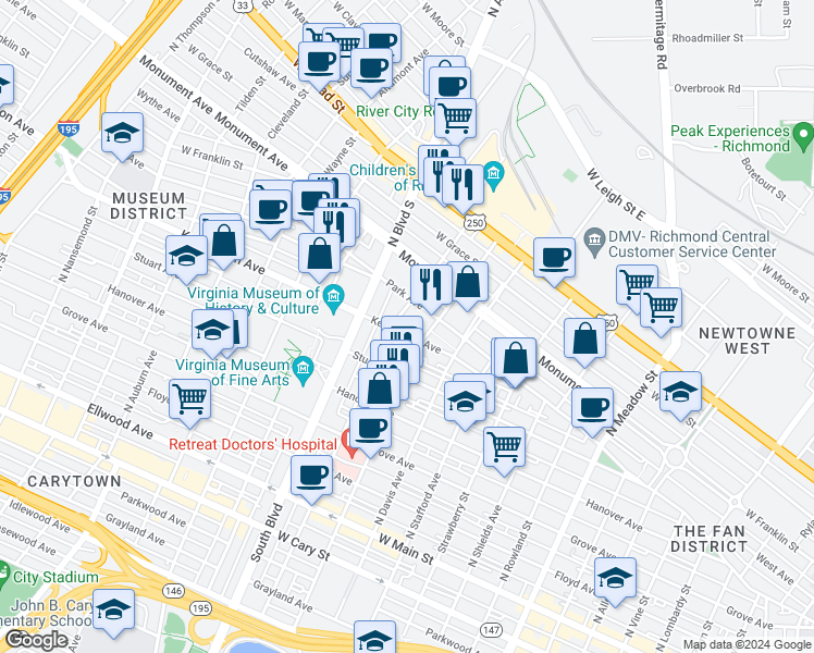 map of restaurants, bars, coffee shops, grocery stores, and more near 2619 Park Avenue in Richmond