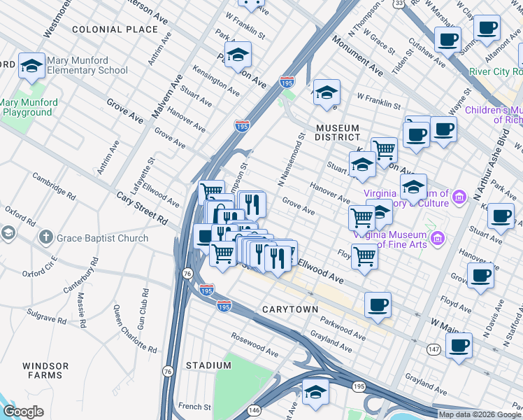 map of restaurants, bars, coffee shops, grocery stores, and more near 3513 Grove Avenue in Richmond