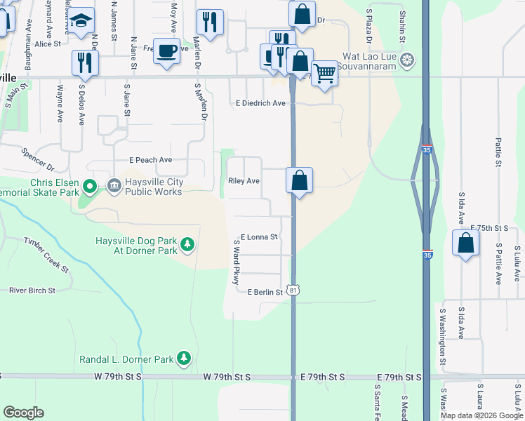 map of restaurants, bars, coffee shops, grocery stores, and more near 1308-1314 East Dirck Street in Haysville