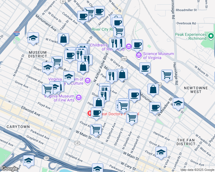 map of restaurants, bars, coffee shops, grocery stores, and more near 2606 Kensington Avenue in Richmond
