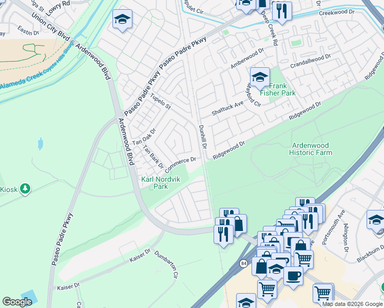 map of restaurants, bars, coffee shops, grocery stores, and more near 34284 Eucalyptus Terrace in Fremont