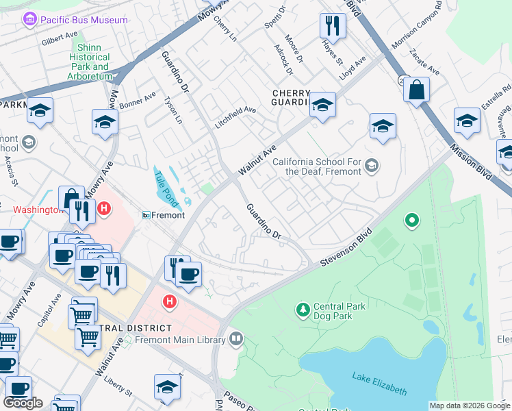 map of restaurants, bars, coffee shops, grocery stores, and more near 39152 Guardino Drive in Fremont
