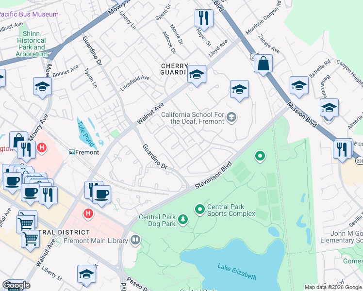map of restaurants, bars, coffee shops, grocery stores, and more near 39307 Del Oro Terraza in Fremont