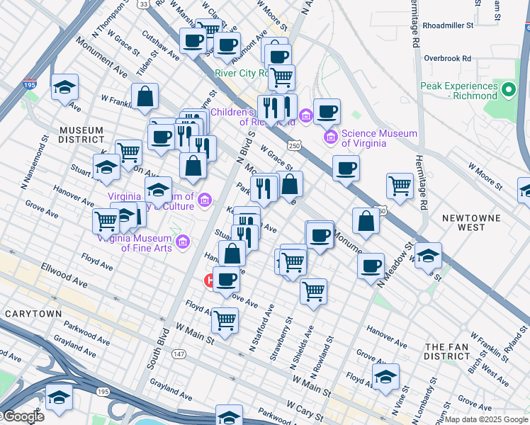 map of restaurants, bars, coffee shops, grocery stores, and more near 2601 Park Avenue in Richmond