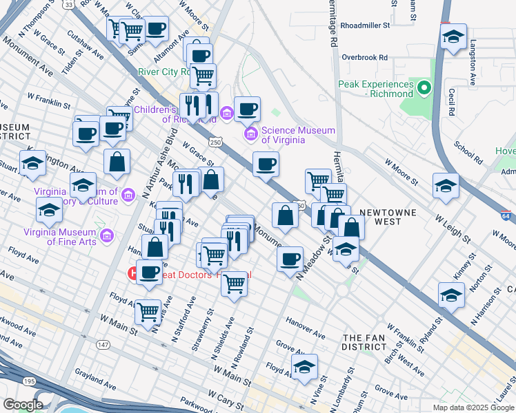 map of restaurants, bars, coffee shops, grocery stores, and more near 2323 West Grace Street in Richmond