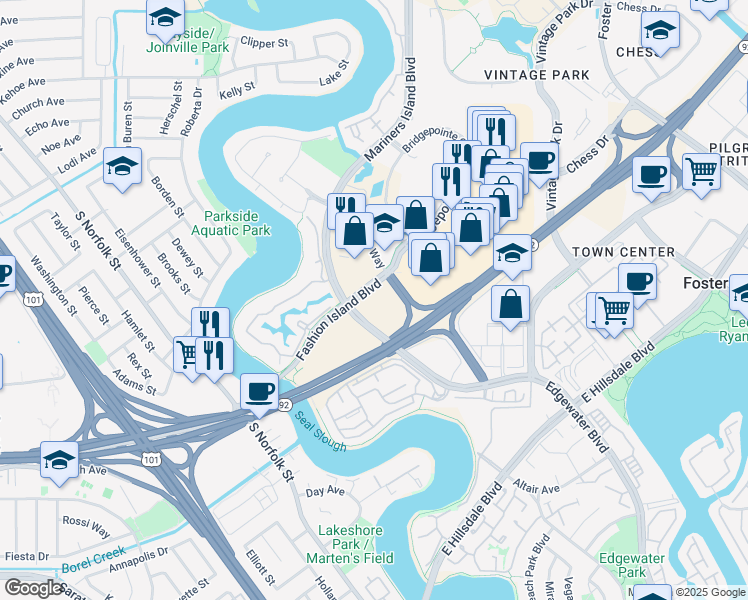 map of restaurants, bars, coffee shops, grocery stores, and more near 1510 Fashion Island Boulevard in San Mateo