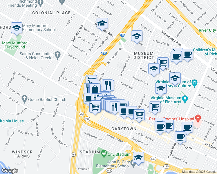 map of restaurants, bars, coffee shops, grocery stores, and more near 3512 Floyd Avenue in Richmond