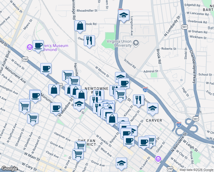 map of restaurants, bars, coffee shops, grocery stores, and more near 1726 West Leigh Street in Richmond