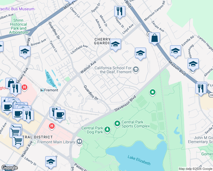 map of restaurants, bars, coffee shops, grocery stores, and more near 39307 Del Oro Terraza in Fremont