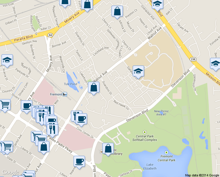 map of restaurants, bars, coffee shops, grocery stores, and more near 39152 Guardino Drive in Fremont