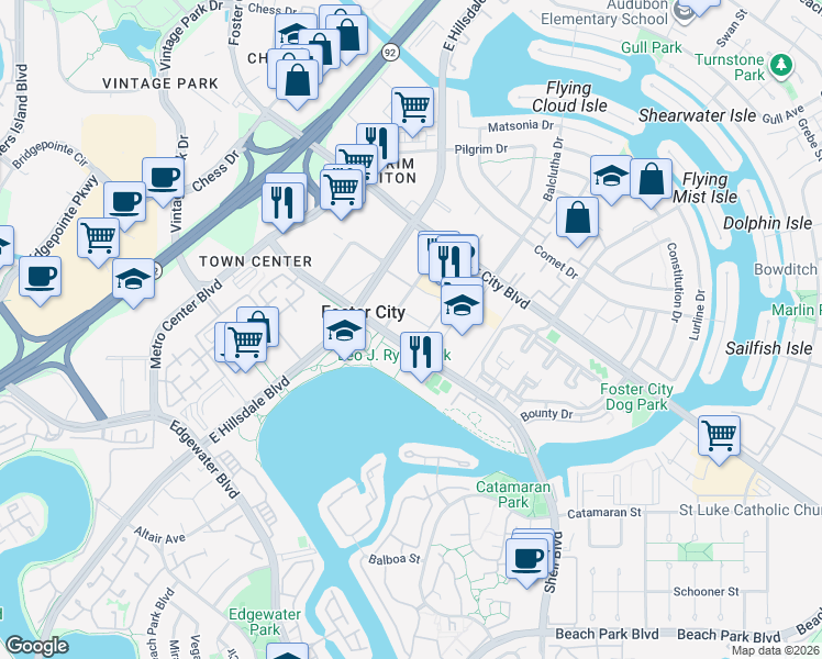 map of restaurants, bars, coffee shops, grocery stores, and more near 738 Eppleton Lane in Foster City