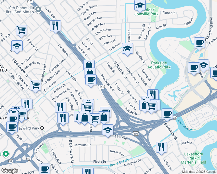 map of restaurants, bars, coffee shops, grocery stores, and more near 1301 Speers Avenue in San Mateo