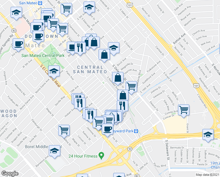 map of restaurants, bars, coffee shops, grocery stores, and more near 1215 South Railroad Avenue in San Mateo