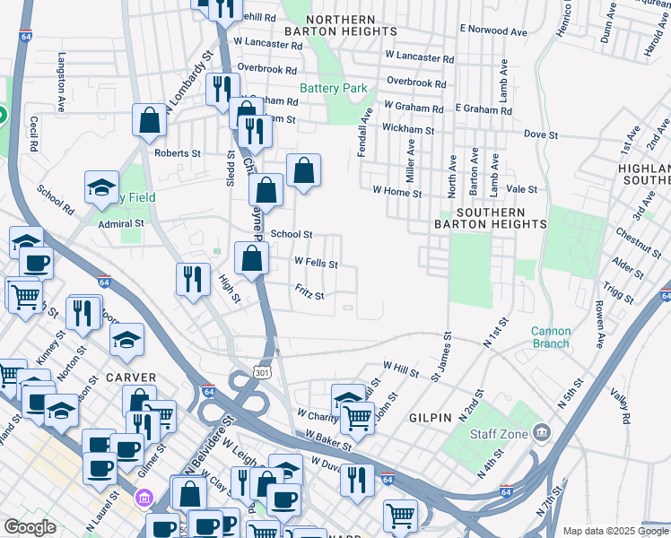 map of restaurants, bars, coffee shops, grocery stores, and more near 1706 Hickory Street in Richmond