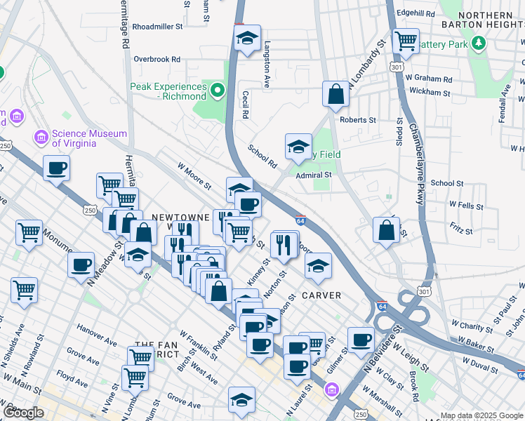 map of restaurants, bars, coffee shops, grocery stores, and more near 1500 West Moore Street in Richmond