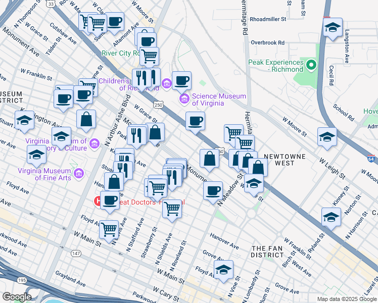 map of restaurants, bars, coffee shops, grocery stores, and more near 2323 West Grace Street in Richmond