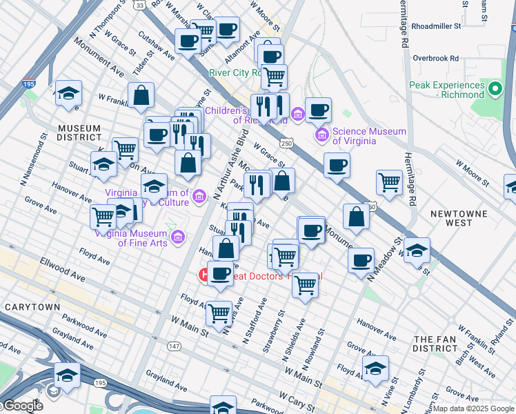 map of restaurants, bars, coffee shops, grocery stores, and more near 2619 Park Avenue in Richmond