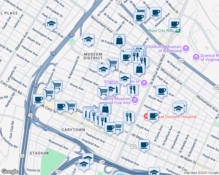 map of restaurants, bars, coffee shops, grocery stores, and more near 3119 Stuart Avenue in Richmond