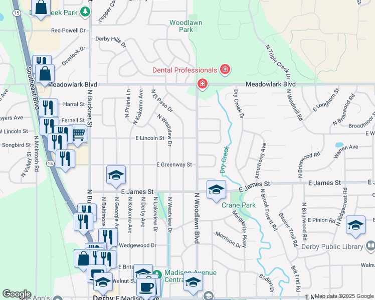 map of restaurants, bars, coffee shops, grocery stores, and more near 1244-1250 North El Paso Drive in Derby