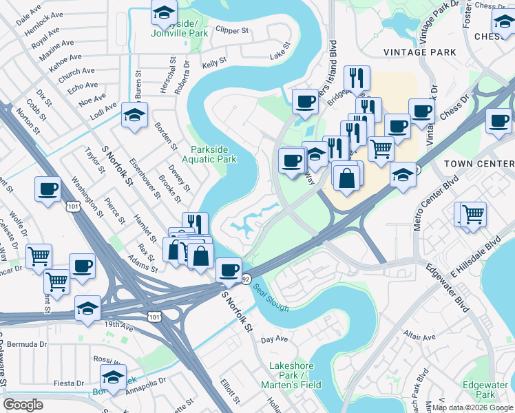 map of restaurants, bars, coffee shops, grocery stores, and more near 935 Shoreline Drive in San Mateo