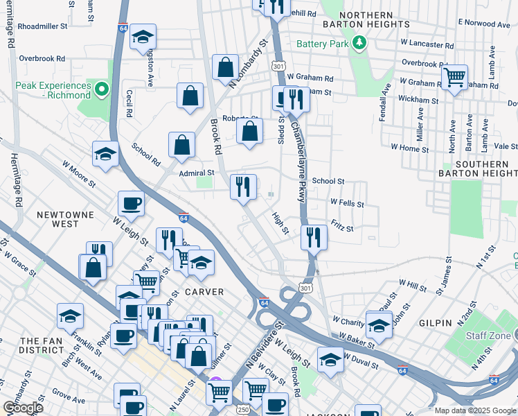 map of restaurants, bars, coffee shops, grocery stores, and more near 1699 High Street in Richmond