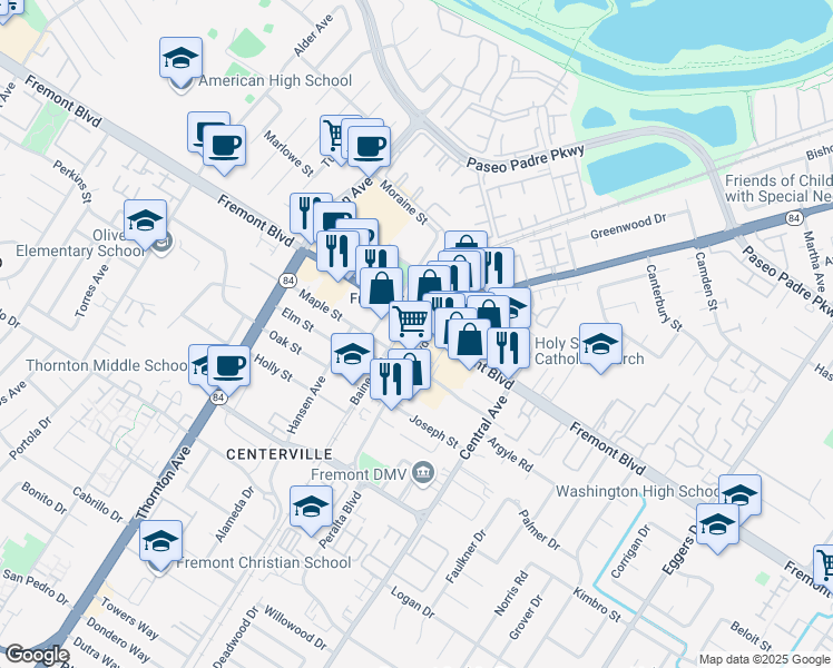 map of restaurants, bars, coffee shops, grocery stores, and more near 37312 Fremont Boulevard in Fremont