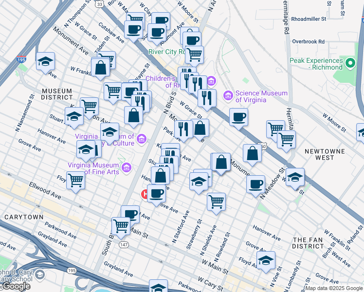 map of restaurants, bars, coffee shops, grocery stores, and more near 2603 Park Avenue in Richmond