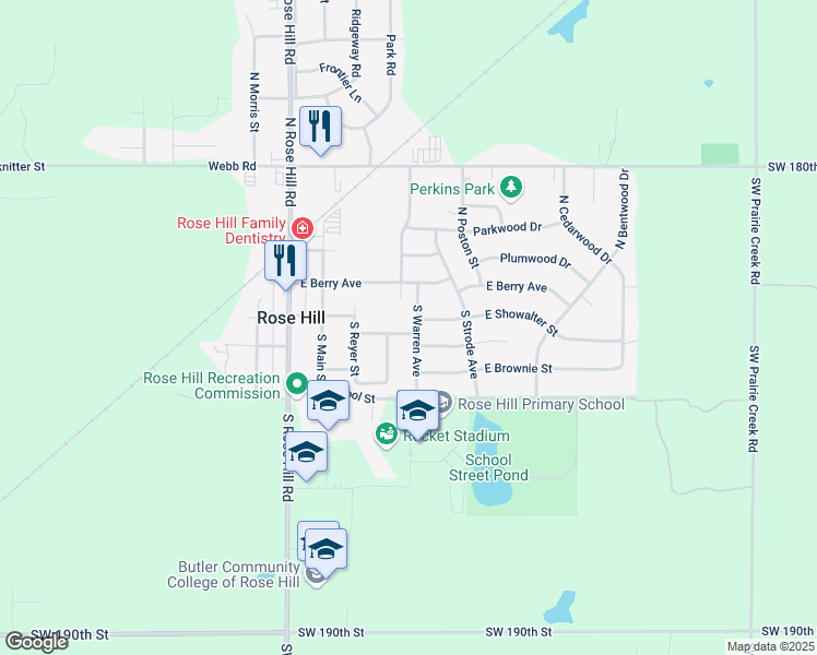 map of restaurants, bars, coffee shops, grocery stores, and more near 325 East Berry Avenue in Rose Hill