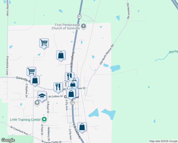 map of restaurants, bars, coffee shops, grocery stores, and more near 320N Old North Marion Road in Goreville
