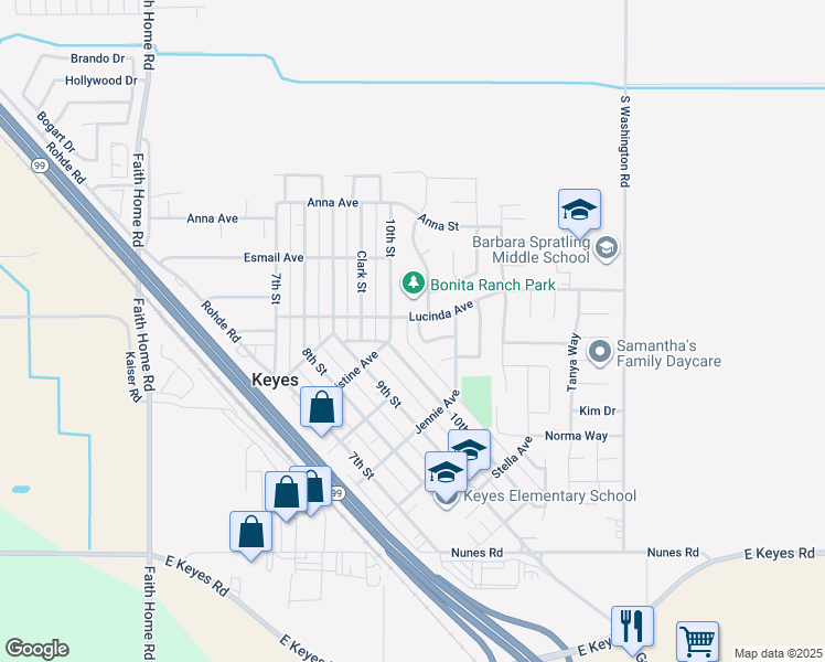 map of restaurants, bars, coffee shops, grocery stores, and more near in Keyes