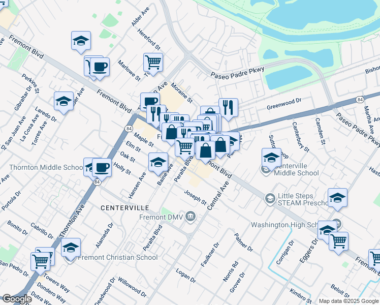 map of restaurants, bars, coffee shops, grocery stores, and more near 37312 Fremont Boulevard in Fremont