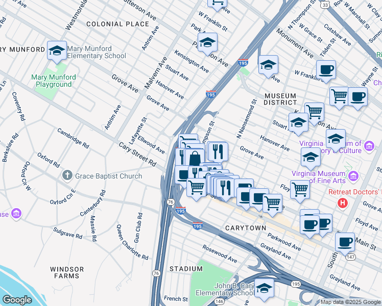 map of restaurants, bars, coffee shops, grocery stores, and more near 12 North Thompson Street in Richmond