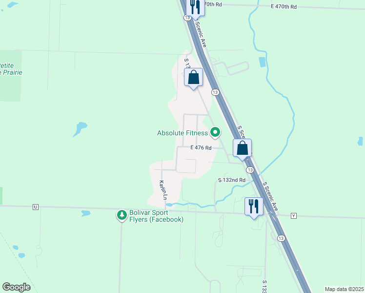 map of restaurants, bars, coffee shops, grocery stores, and more near 4811 South 129th Road in Bolivar