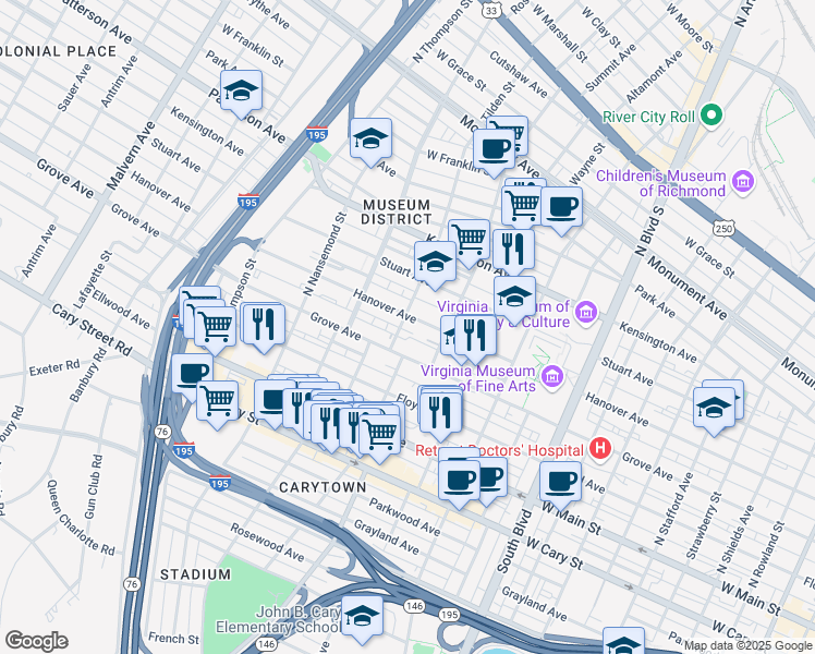 map of restaurants, bars, coffee shops, grocery stores, and more near 217 Tilden Street in Richmond