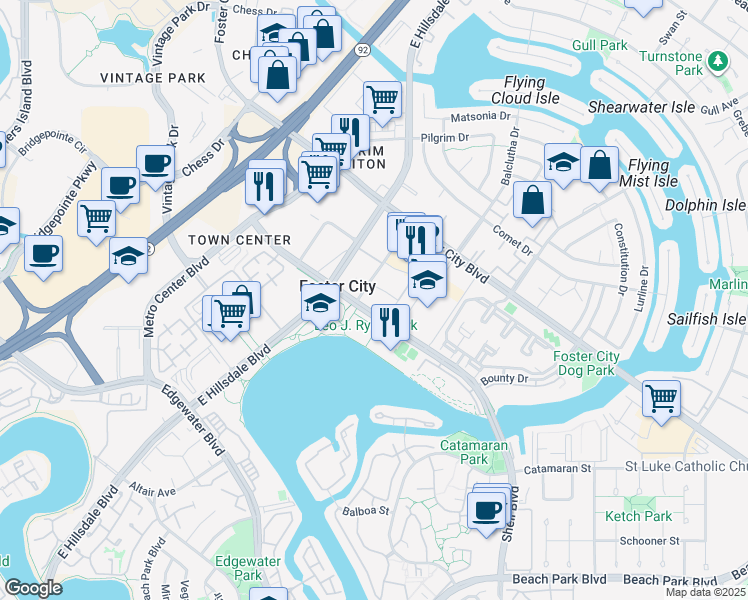 map of restaurants, bars, coffee shops, grocery stores, and more near 738 Eppleton Lane in Foster City