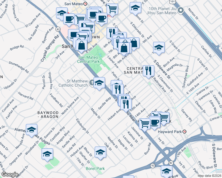 map of restaurants, bars, coffee shops, grocery stores, and more near 955 South El Camino Real in San Mateo