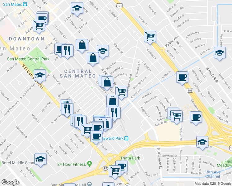 map of restaurants, bars, coffee shops, grocery stores, and more near 1409 South Claremont Street in San Mateo