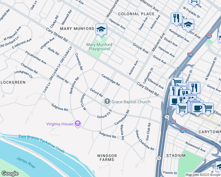 map of restaurants, bars, coffee shops, grocery stores, and more near 105 Windsor Way in Richmond