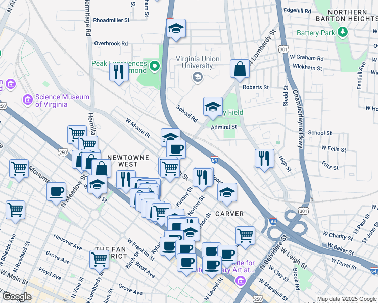 map of restaurants, bars, coffee shops, grocery stores, and more near 1500 West Moore Street in Richmond